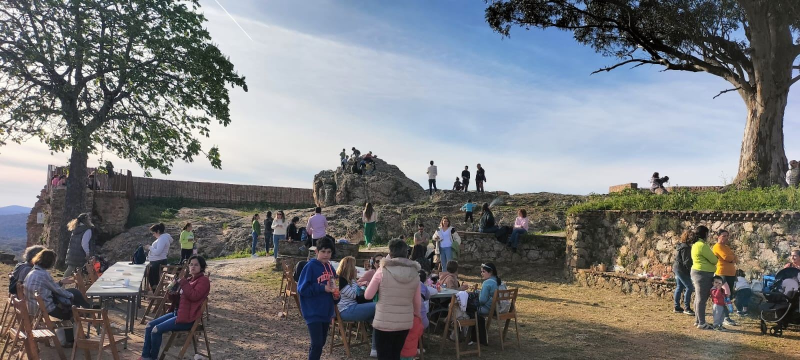 People at tables under old trees on a stone terrace